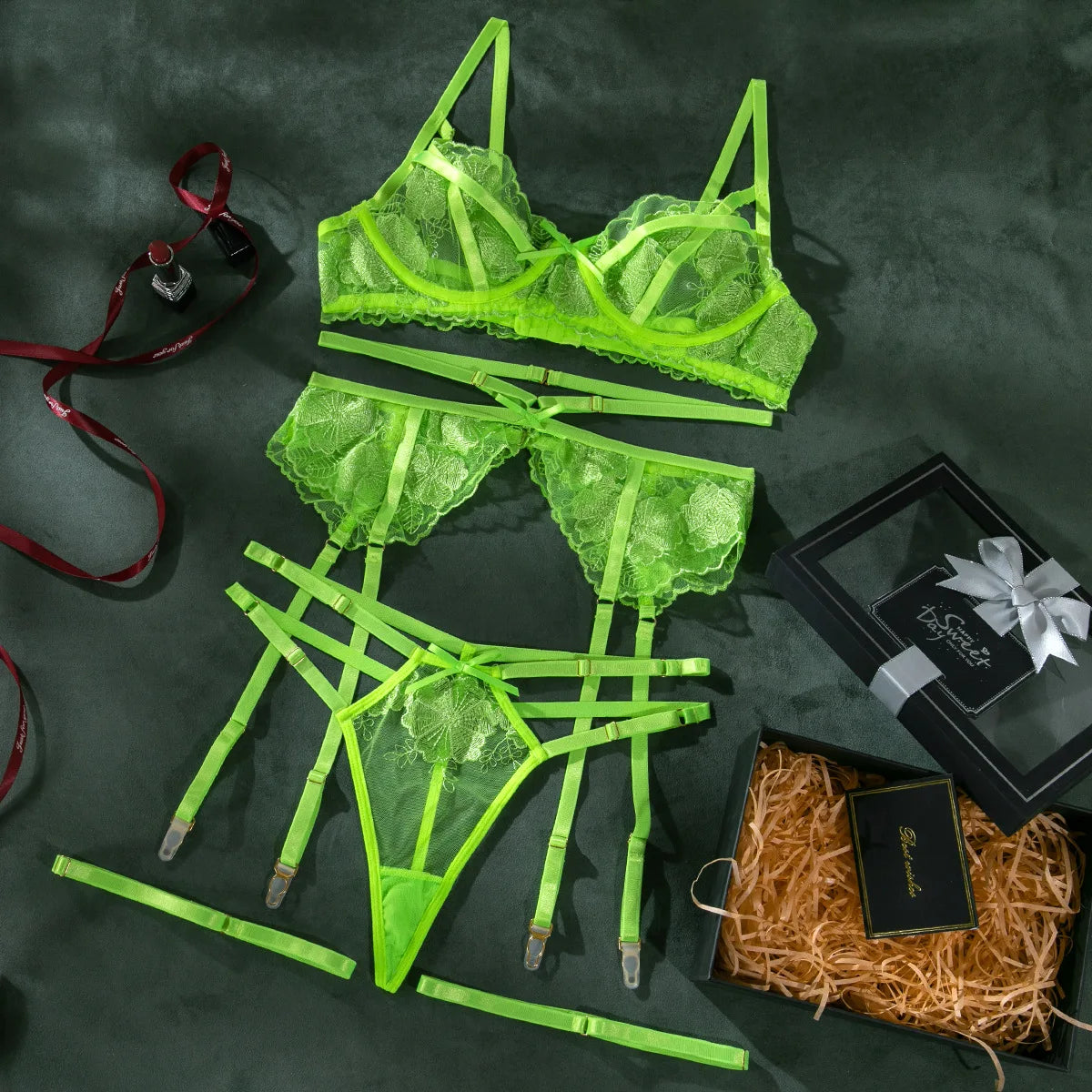 Neon Lace Garter G-string Set