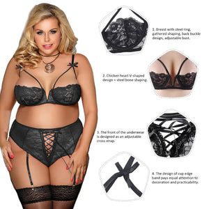 Plus Size High Waist Lace Hollow Suspender Set