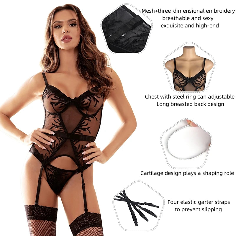 Plus Size See-Through Suspender 2-piece Set