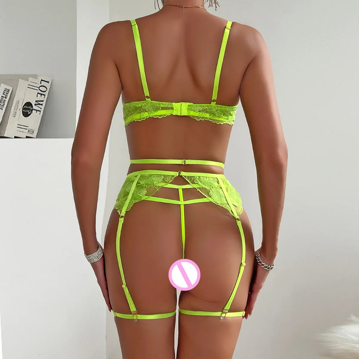 Neon Lace Garter G-string Set