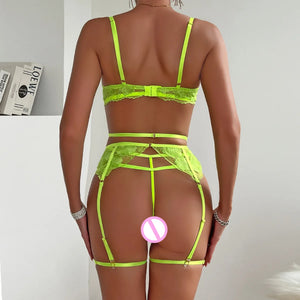 Neon Lace Garter G-string Set