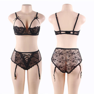 Plus Size High Waist Lace Hollow Suspender Set