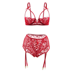 Plus Size High Waist Lace Hollow Suspender Set