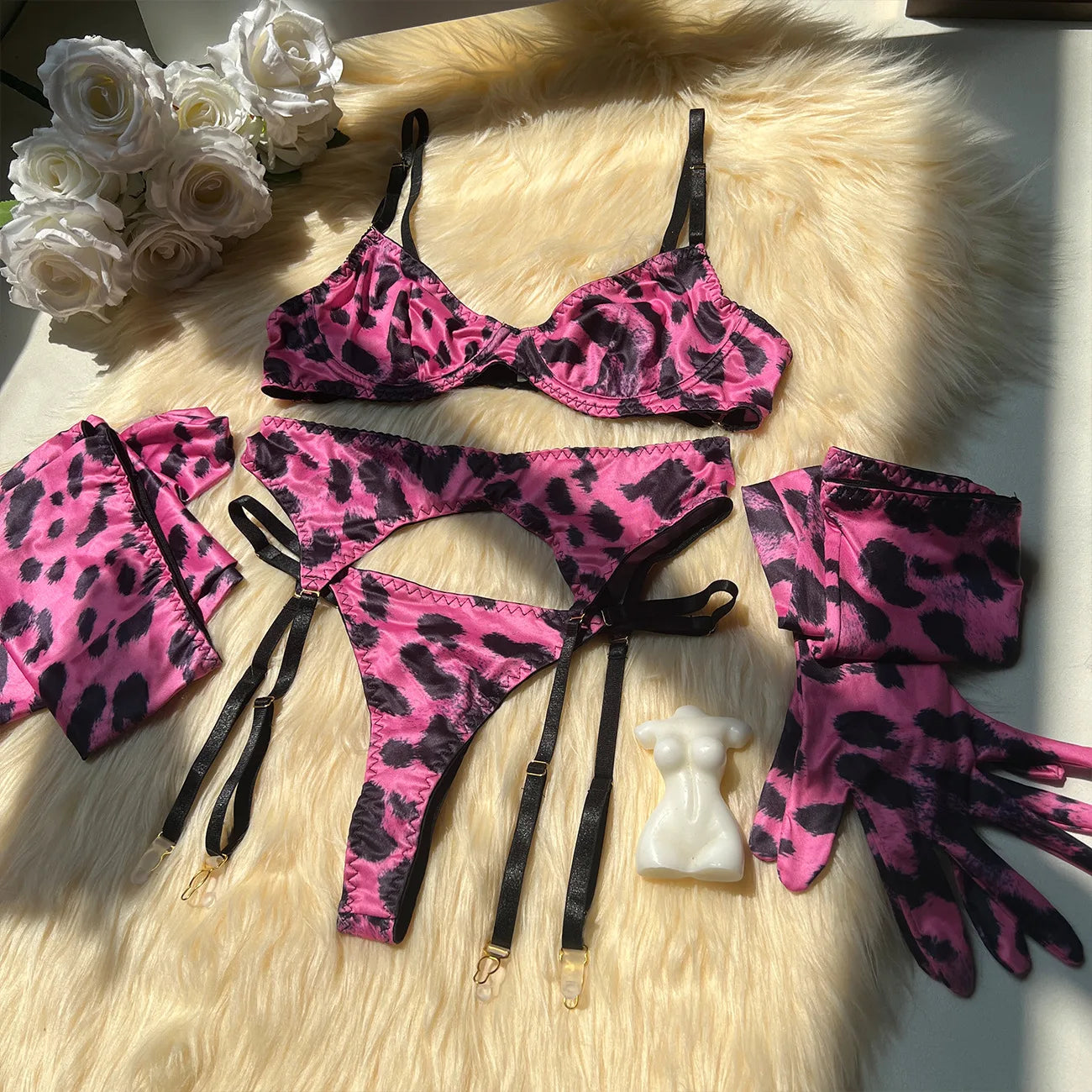 Exotic Leopard Print 7-piece Garter set w/ Stockings and Gloves