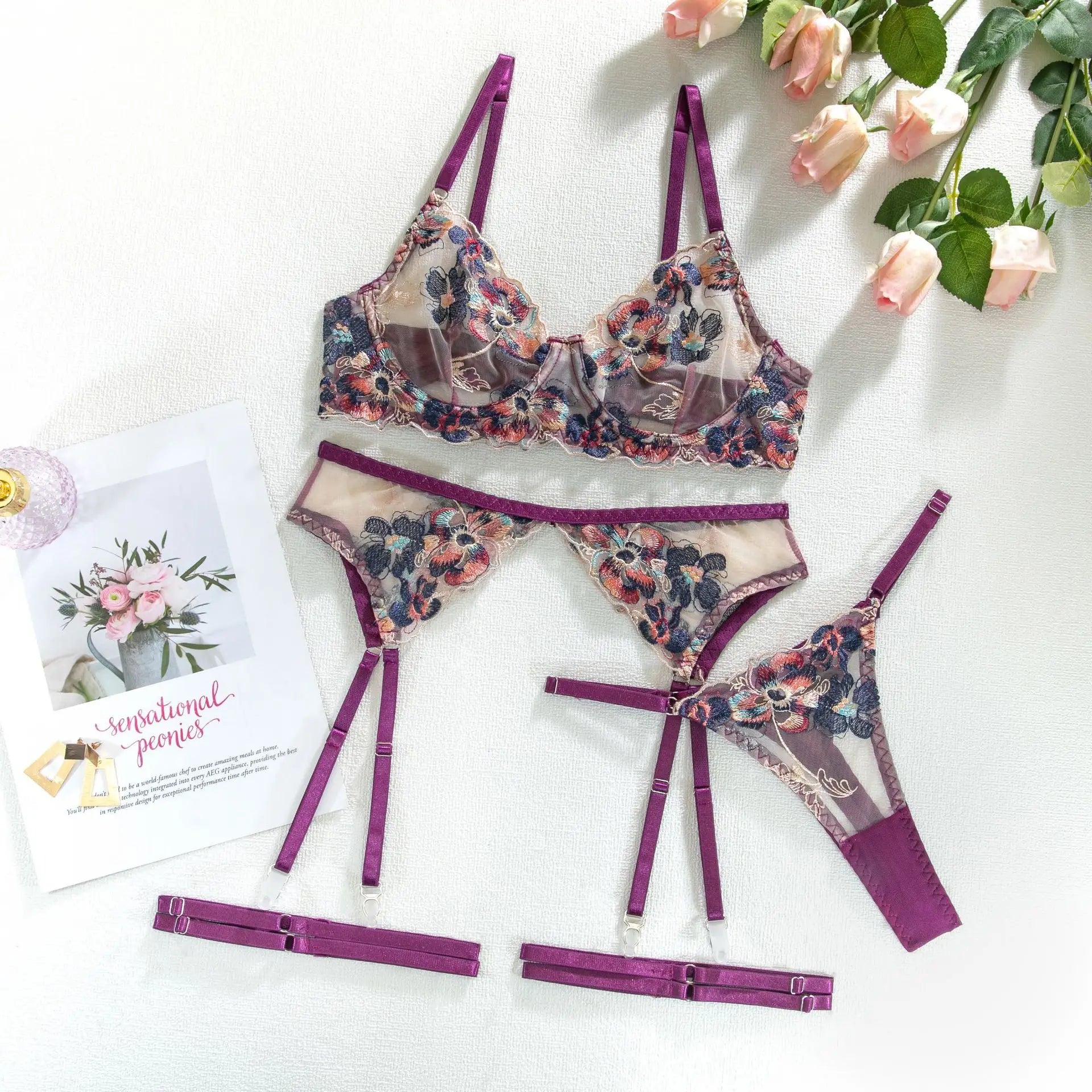 Whimsy Floral Garter Lace 3-piece Set