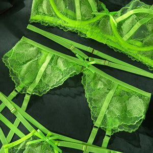 Neon Lace Garter G-string Set