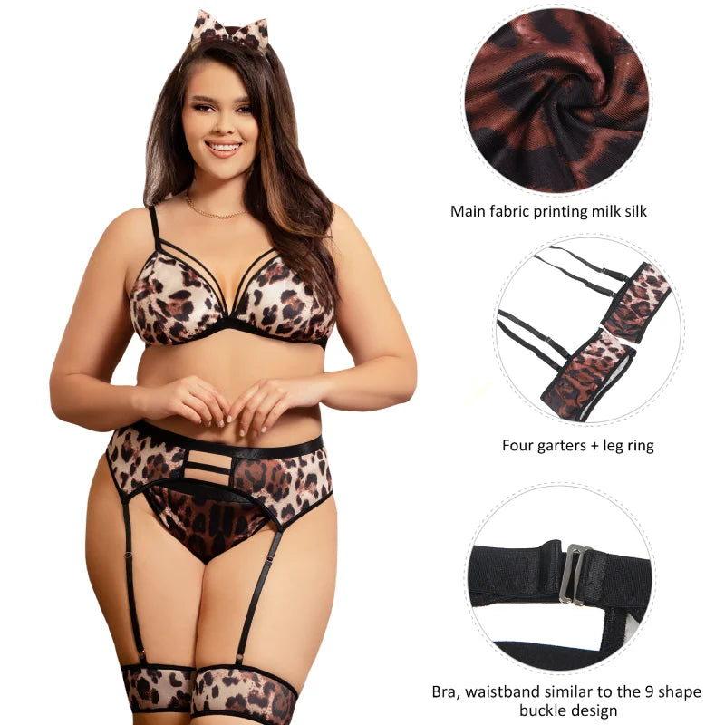 Plus Size Leopard Briefs w/ 4 Straps Garter Belts